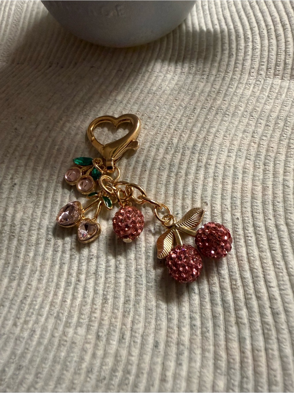 Gold-Tone Pink Cherry Charm Keyring Accent